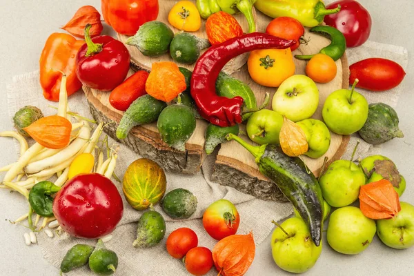 stock image Trendy ugly vegetables and fruits. Assortment of fresh pepper, beans, cucumber, tomato, pumpkin, apples. Cooking organic ugly food concept. Stone concrete background, top view