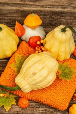 Sonbahar tarzı kompozisyon. Olgun balkabakları, sıcak örülmüş süveter, sonbahar yaprakları ve böğürtlen. Şükran Günü ya da Cadılar Bayramı keyfi. Eski ahşap zemin, üst manzara