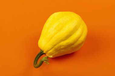 Parlak turuncu arka planda izole edilmiş olgun sarı balkabağı. Cadılar Bayramı ya da Şükran Günü için geleneksel dekoratif öğe.