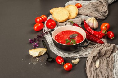 Vejetaryen yemeği, baharatlı domates çorbası, kızarmış ekmek, olgun sebzeler ve taze fesleğen otu. Siyah taş arkaplan, boşluğu kopyala