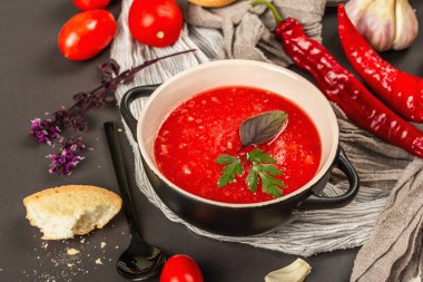 Vejetaryen yemeği, baharatlı domates çorbası, kızarmış ekmek, olgun sebzeler ve taze fesleğen otu. Siyah taş beton arka plan, kapat