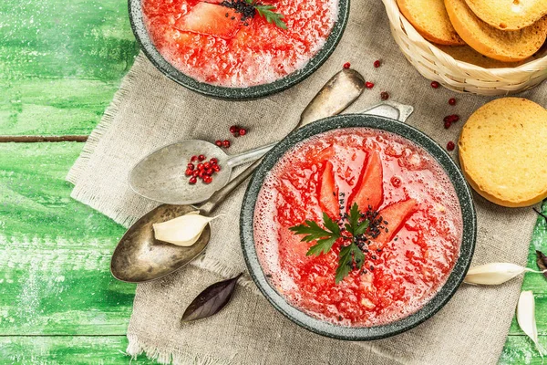 Gazpacho Melancia Sopa Fria Tradicional Espanhola Verão Legumes Verduras Frescos — Fotografia de Stock