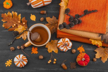 Bir fincan çay, el yapımı kumaş balkabakları, meşe palamutları, kozalakları, dökülen yapraklar ve zanaatlar için tekstil, yavaş yaşam ve mevsimsel konforu sembolize eden,