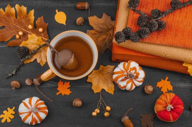 Bir fincan çay, el yapımı kumaş balkabakları, meşe palamutları, kozalakları, dökülen yapraklar ve zanaatlar için tekstil, yavaş yaşam ve mevsimsel konforu sembolize eden,