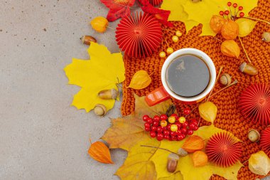 Sonbahar, bir fincan kırmızı çay, viburum üzümleri, meşe palamudu, sarı akçaağaç yaprakları ve sıcacık tonlarda el yapımı dekorlarla yavaş yaşam ve el yapımı rahatlığı sembolize eder.