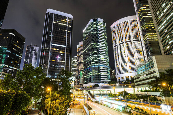 Night view of Hong Kong Central modern business buildings in Hong Kong, Asia.