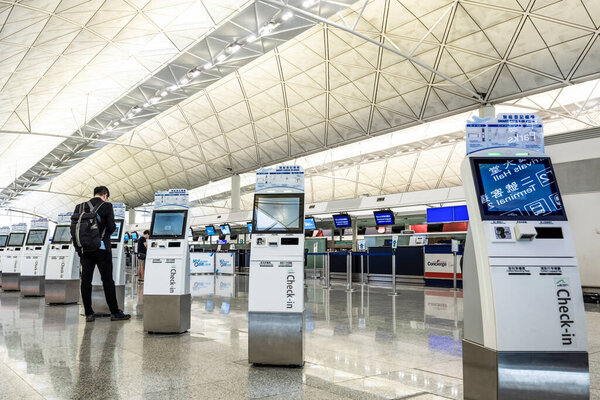 Arrival Hall in Hong Kong International Airport in Hong Kong, China. It handles more than 70 million passengers per year