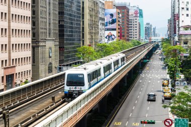 Tayvan 'daki Taipei Metro' nun Wenhu veya Brown hattı. Mavi gökyüzünün altındaki ofis kuleleri arasında Taipei Metro Sistemi 'nin yüksek raylarında giden bir trenin görüntüsü.