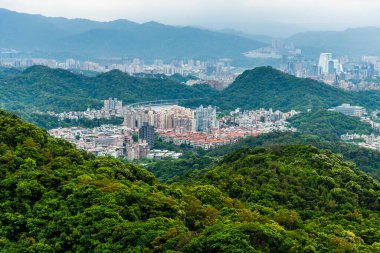 Tayvan 'ın Taipei kentindeki Neihu ve Nangang' ın yeşil orman ve dağlarla çevrili panoramik manzarasına bakıyorlar..