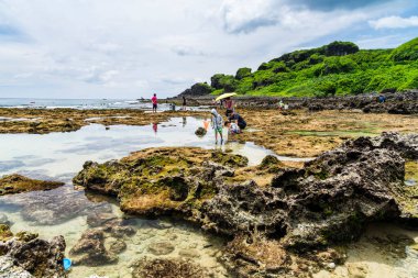 Turistler Pingtung, Tayvan 'daki Kenting Ulusal Parkı kıyısındaki gelgit bölgesini keşfediyorlar.