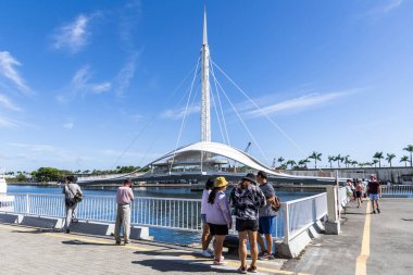 Turistler, Tayvan 'ın Kaohsiung limanındaki Dagang Köprüsü' nün (Büyük Liman Köprüsü) dönüşümlü sürecini izliyorlar..