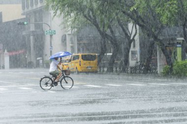 Erik yağmuru mevsiminde, yayalar Kaohsiung City, Tayvan 'da karşıdan karşıya geçiyorlar..