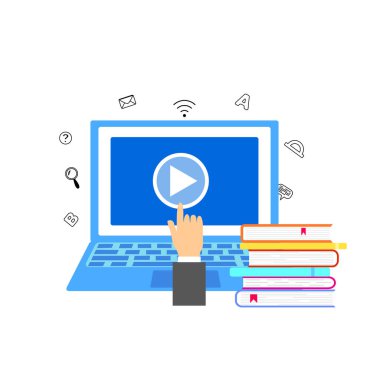 Erkek el bilgisayarda işaret oyununa basar. Bir yığın kitap. Düz stil. Vektör stok illüstrasyonu