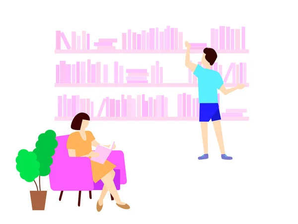 Vector Stock Illustration Woman Reading Chair Library Man Chooses Book — Stock Vector
