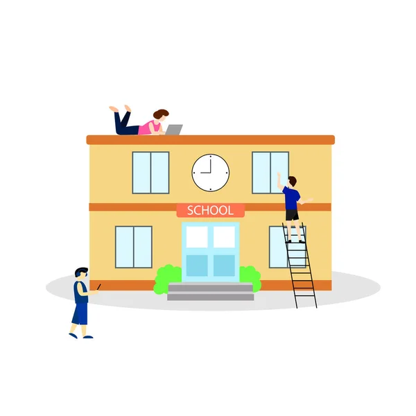 Edificio Escolar Con Gente Pequeña Estilo Plano Ilustración Stock Vectorial — Vector de stock