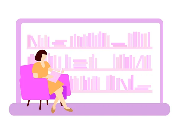 Ilustración Stock Vectorial Mujer Pequeña Leyendo Una Silla Biblioteca Biblioteca — Archivo Imágenes Vectoriales