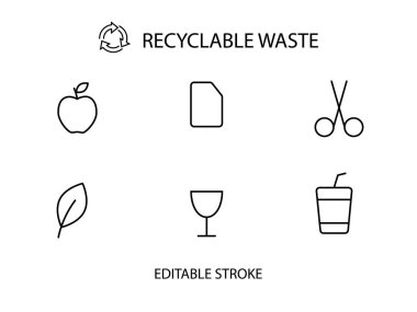 Geri dönüşümlü atık toplama ana hatları simgesi. Organik çöp ayıklama. Özelleştirilebilir doğrusal kontur sembolü. Düzenlenebilir felç. İzole vektör stok illüstrasyonu