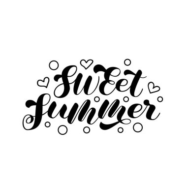 Tatlı yaz fırçası harfleri, kalpler ve daireler. Gömlek, pankart ve dekor için vektör illüstrasyonuName