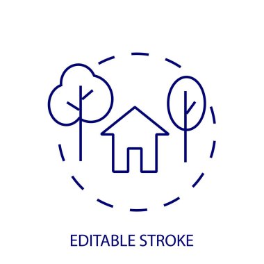 Çevre dostu ev çizimi konsept ikonu. Ağaçlı ev. Özelleştirilebilir doğrusal kontur sembolü. Düzenlenebilir felç. İzole vektör stok illüstrasyonu