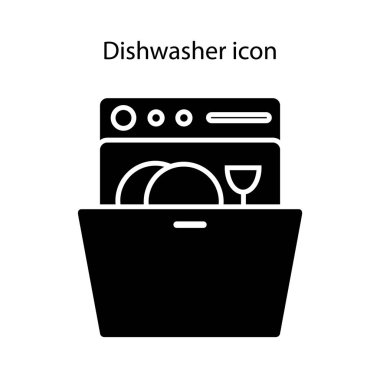 Bulaşık makinesini bulaşık sembolüyle açtık. Yurt içi makine. Siyah sembol. İzole vektör stok illüstrasyonu