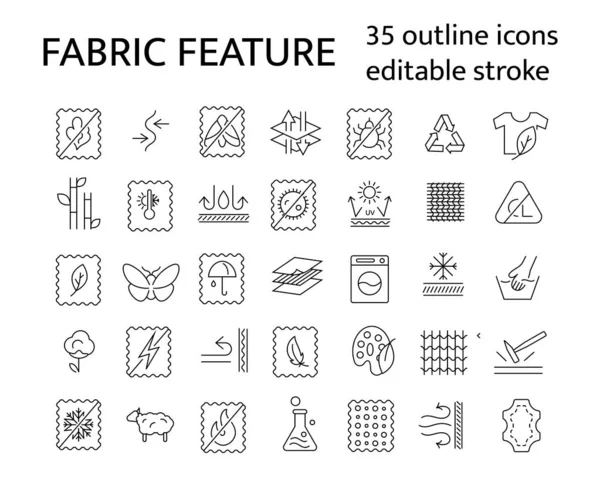 Fabric feature outline icons set. Textile industry. Different properties of fiber — Stock Vector