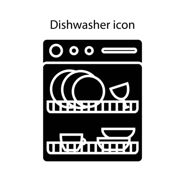 접시 글 리프 아이콘으로 디쉬 와셔를 열었습니다. 가정용 기계. 검은 등고선의 상징. — 스톡 벡터