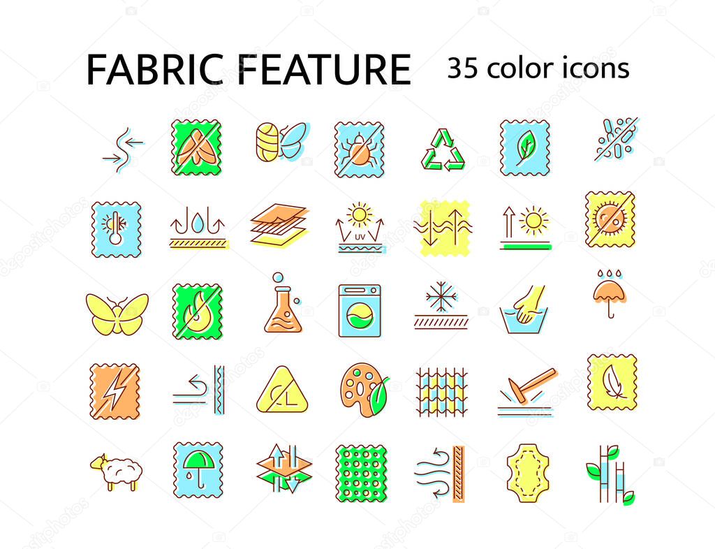 Fabric feature flat icon. Material quality. Fiber type. Textile industry. Windproof, fireproof fiber. Cotton, silk and wool. Color symbol. Isolated vector stock illustration