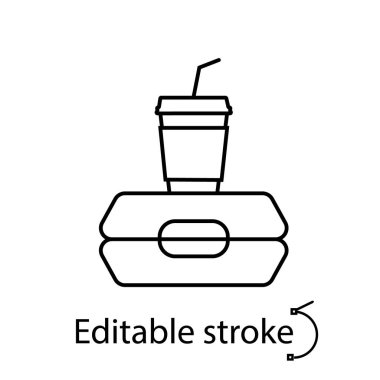Kahve fincanı ana hatlı yemek kutusu. Okul yemeği konsepti. Özelleştirilebilir doğrusal kontur sembolü. Düzenlenebilir felç. İzole vektör stok illüstrasyonu