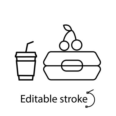 Kahve fincanı ve kiraz renkli taslak ikonlu beslenme çantası. Okul yemeği konsepti. Özelleştirilebilir doğrusal kontur sembolü. Düzenlenebilir felç. İzole vektör stok illüstrasyonu