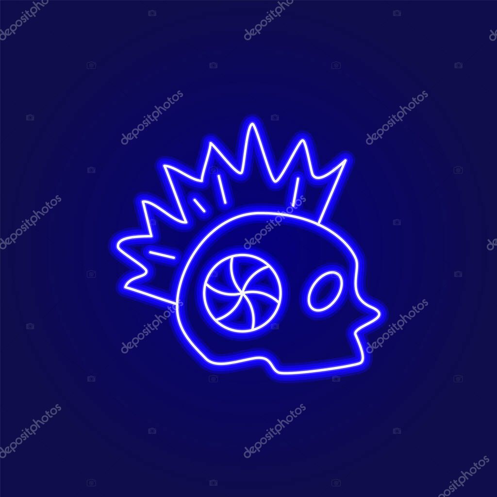 Cyberpunk skull with iroquois outline icon. Futuristic robot with mohawk. Exoskeleton and high tech technology. Blue neon symbol. Isolated vector stock illustration