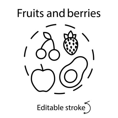 Meyveler ve böğürtlenler ana fikir simgesi. Çocuk menüsü konsepti. Sağlıklı beslenme. Özelleştirilebilir doğrusal kontur sembolü. Düzenlenebilir felç. İzole vektör stok illüstrasyonu
