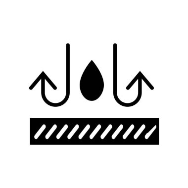 Neme dayanıklı kabartma simgesi. Su geçirmez kumaş özelliği. Tekstil endüstrisi. Malzeme kalitesi. İplik türü. Siyah sembol. İzole vektör stok illüstrasyonu