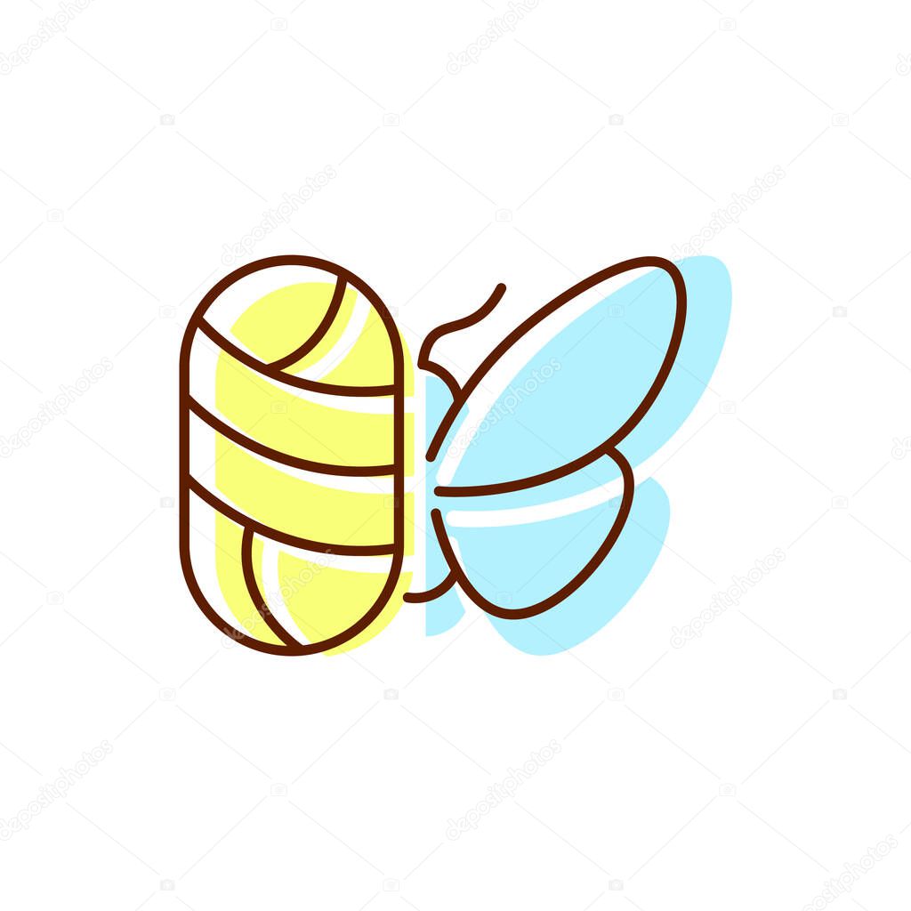 Silkworm with cocoon flat icon. Silk material. Fabric feature. Textile industry. Material quality. Color symbol. Isolated vector stock illustration