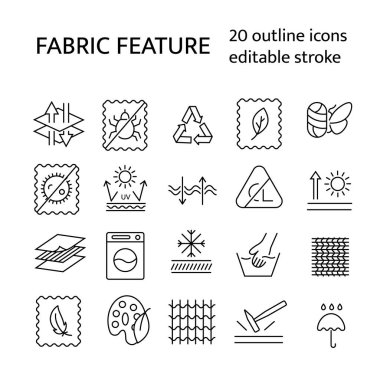 Fabric feature outline icons set. Textile industry. Fiber quality. Material diversity. Customizable linear contour symbols collection. Editable stroke. Isolated vector stock illustration