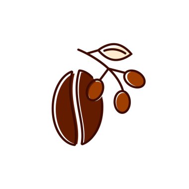 Raw coffee bean and coffee branch flat icon. Color filled symbol. Isolated vector stock illustration