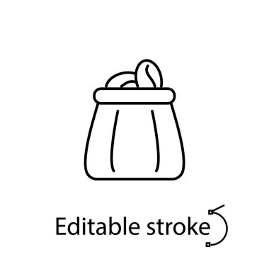 Kahve çekirdekli çanta ana hatları simgesi. Özelleştirilebilir doğrusal kontur sembolü. Düzenlenebilir felç. İzole vektör stok illüstrasyonu