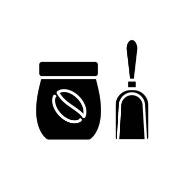 Bir kepçe glifli kahve torbası. Siyah siluet sembolü. İzole vektör stok illüstrasyonu