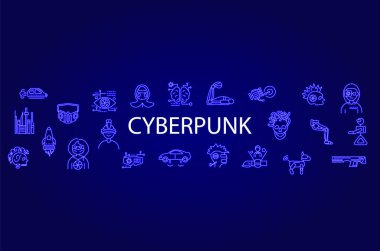 Neon ışıklı simgeli siber punk konsept metin. Gelecekçi şehir. Dış iskelet ve yüksek teknoloji. Kusursuz desen. İzole vektör stok illüstrasyonu