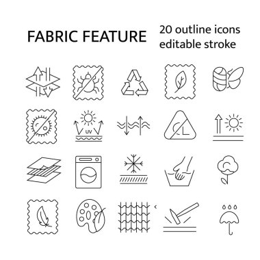 Kumaş kalitesi taslak simgeleri ayarlandı. Tekstil endüstrisi. Fiberin farklı özellikleri. İplik parçası. Özelleştirilebilir doğrusal kontur sembolleri koleksiyonu. Düzenlenebilir felç. İzole vektör stok illüstrasyonu