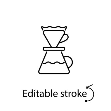 Kahve fincanı taslak simgesini sil. Fincanlı kahve filtresi. Kahve makinesinin üzerine dök. Özelleştirilebilir doğrusal kontur sembolü. Düzenlenebilir felç. İzole vektör stok illüstrasyonu