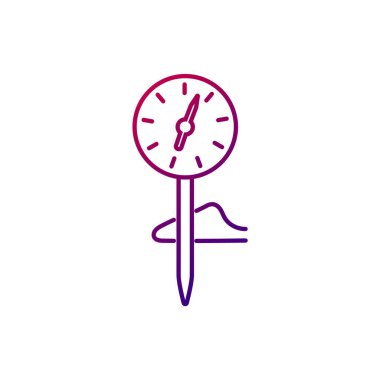 Kahve termometresi taslak ikonu. İçki ve yiyecek sıcaklığını ölçmek için profesyonel bir araç. Mor gradyan sembolü. İzole vektör stok illüstrasyonu