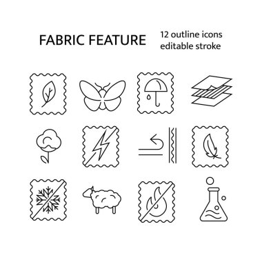 Maddi kalite taslak simgeleri ayarlandı. Tekstil endüstrisi. Kumaş özelliği. Kolay bakım, güve koruması. Özelleştirilebilir doğrusal kontur sembolleri koleksiyonu. Düzenlenebilir felç. İzole vektör stok illüstrasyonu