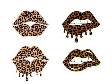 Kissing and biting lips with leopard print collection. Dripping paint. Cheetah design. Isolated vector illustration set. Trendy sticker for tshirt clipart