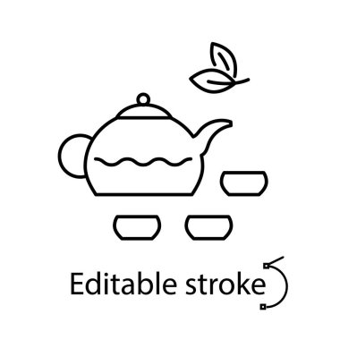 Tayvan çay seremonisi ana hatları ikonu. Bardaklı çaydanlık. Çin mutfağı. Doğulu geleneği. Asya malı. Özelleştirilebilir doğrusal kontur sembolü. Düzenlenebilir felç. İzole vektör stok illüstrasyonu