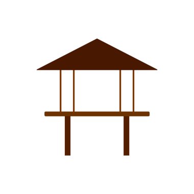 Ayaklıkların üzerindeki ev düz bir ikon. Maldivler mimarisi. Tropik tatil köyü. Renk dolu sembol. İzole vektör stok illüstrasyonu