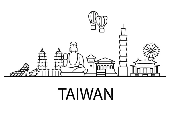 Taiwan country banner. National attractions. Outline cityscape. Travel postcard. Customizable linear contour symbols. Editable stroke. Isolated vector stock illustration