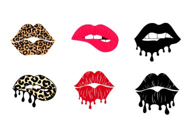 Kissing and biting lips with leopard print collection. Melting lipstick. Dripping paint. Cheetah design. Isolated vector illustration set. Trendy sticker for tshirt clipart