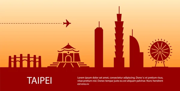 Taipei Stadsgezicht Rood Silhouet Banner Taiwan Hoofdstad Met Vliegtuig Een — Stockvector