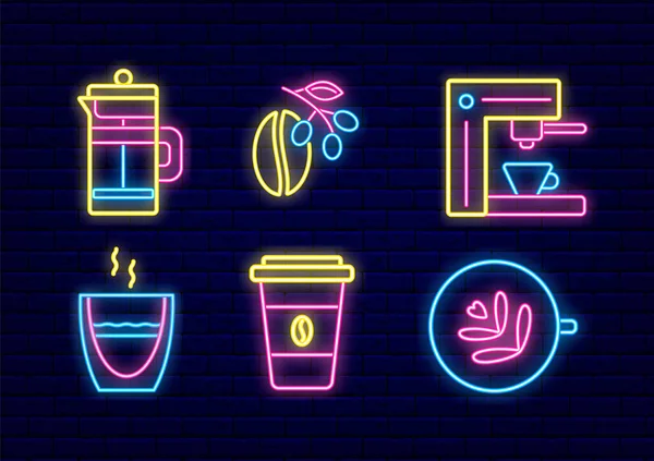 Kaffee Neon Licht Ikone Kollektion Coffee Und Tasse Ikone Bohnen — Stockvektor