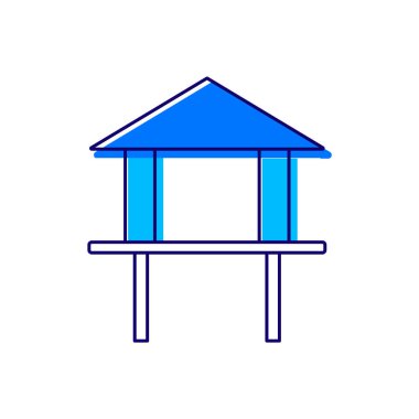 Ev ayaklıkların üzerinde taslak simgesi. Maldivler mimarisi. Tropik tatil köyü. Renk dolu sembol. İzole vektör stok illüstrasyonu